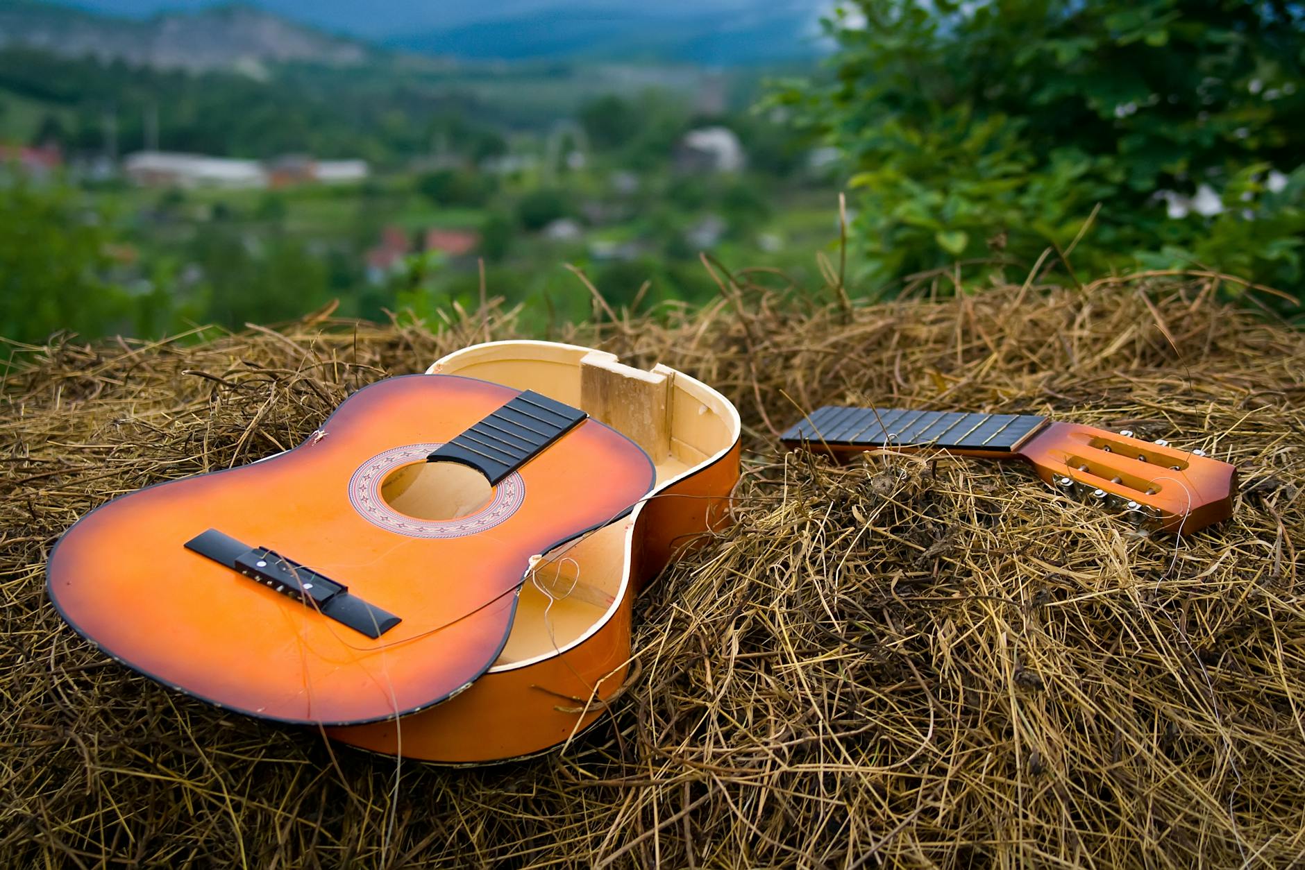 a broken guitar on a grass
